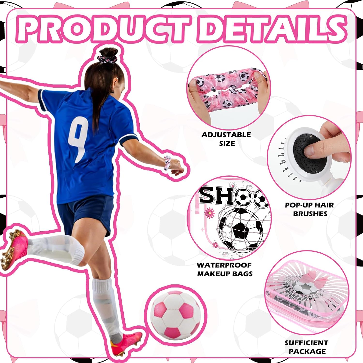 36 Pcs Pink Bow Soccer Gifts for Girl Makeup Bag Bulk