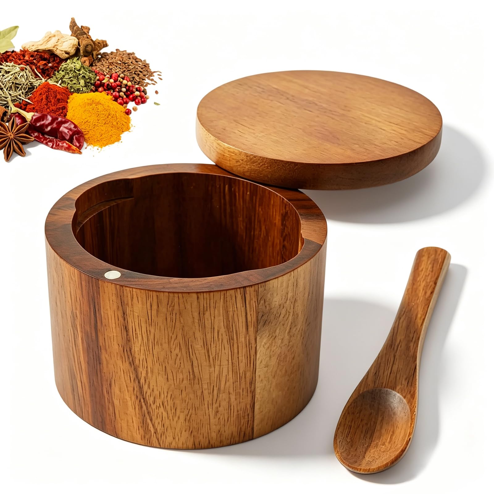 LZYDKH Acacia Wood Salt Cellar Bowl, Natural Wooden Spice Box with Built-in Spoon Swivel Lid Container Round Box with Swivel Cover for Salt Spice And Herbs Storage