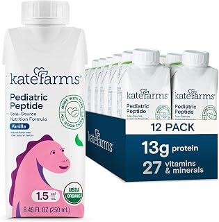 KATE FARMS Organic Pediatric Peptide 1.5 Formula, Vanilla, Sole-Source Hydrolyzed Plant-Based Nutrition for Oral or Tube Feeding, 8.45 oz (12 pack)