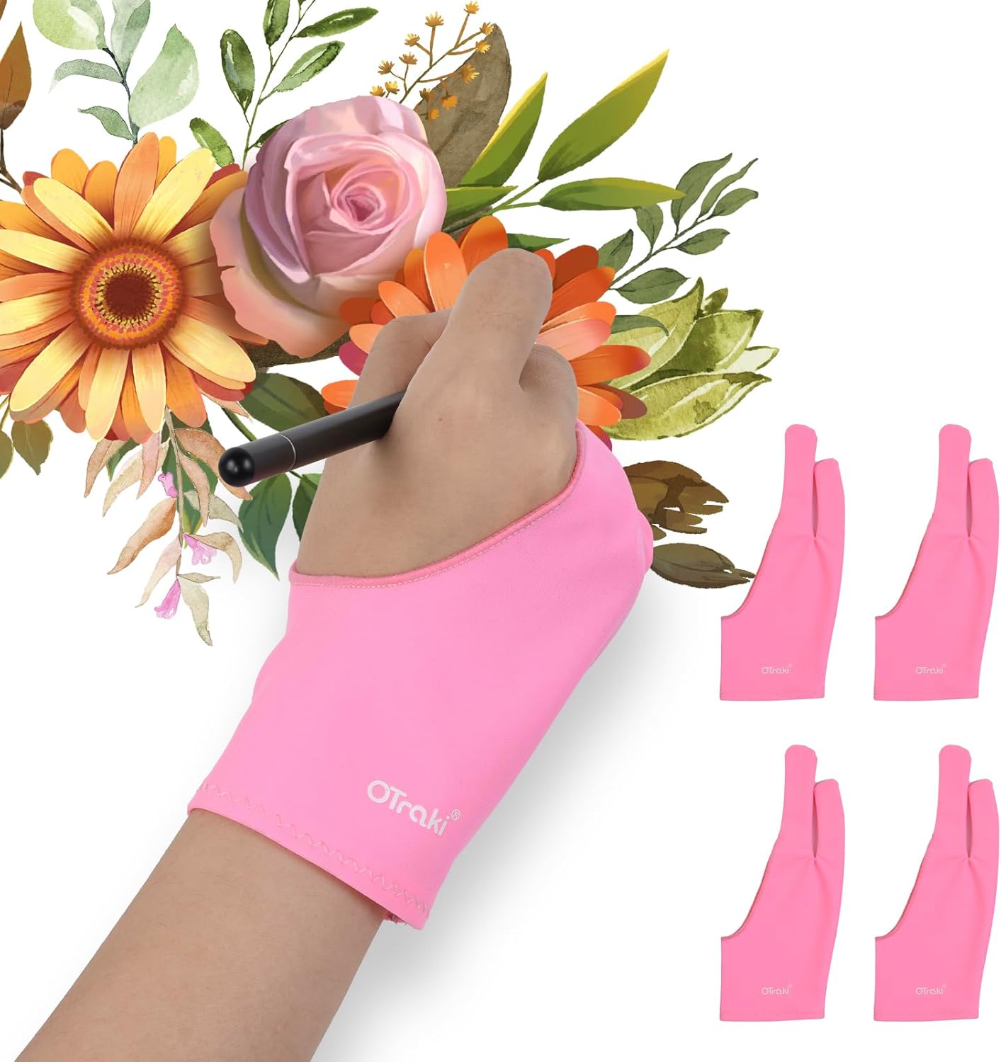 OTraki Drawing Glove 4 Pack Artist Glove for Drawing Tablet with Two-Finger Gloves for iPad Sketching Painting Graphics Pad for Left and Right Hand Pink, 3.03×8.07 inch