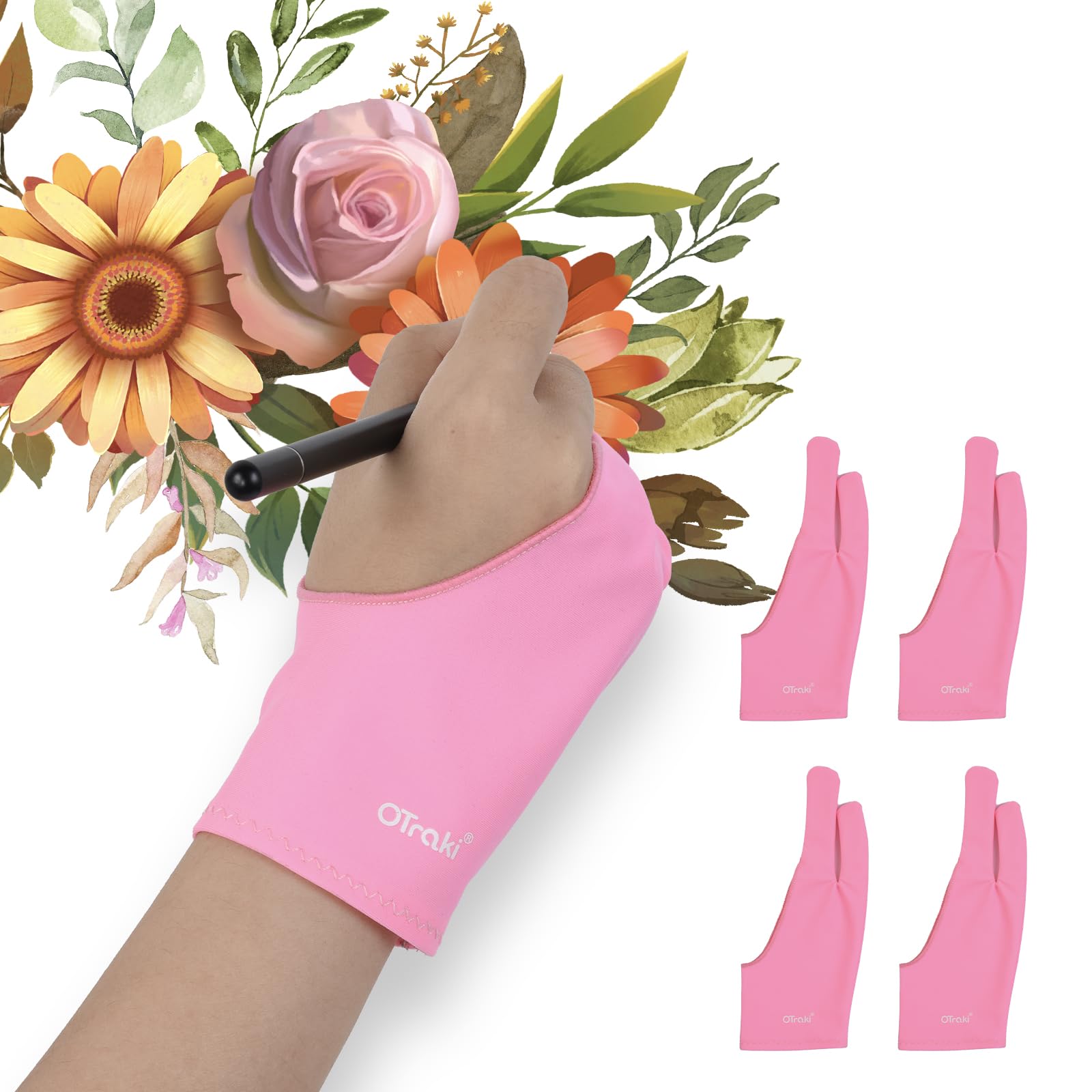 OTraki Drawing Glove 4 Pack Artist Glove for Drawing Tablet with Two-Finger Gloves for iPad Sketching Painting Graphics Pad for Left and Right Hand Pink, 3.03x8.07 inch