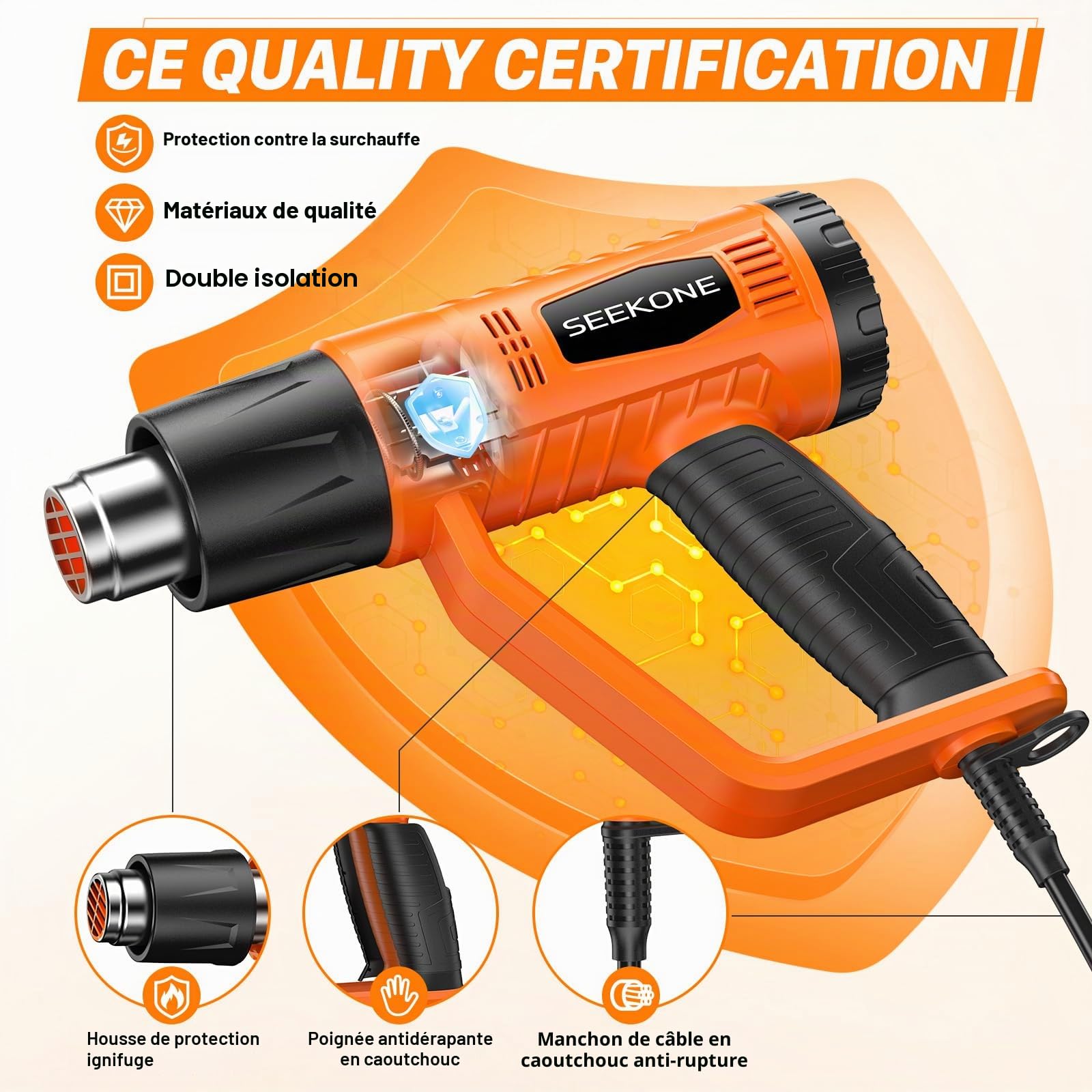 Décapeur Thermique, SEEKONE 2000W 400℃ & 600℃ Réglages Double Température Pistolet Thermique avec 4 Buses, Protection de Surcharge, Manche Antidérapant, Idéal pour Retrait Thermiquement