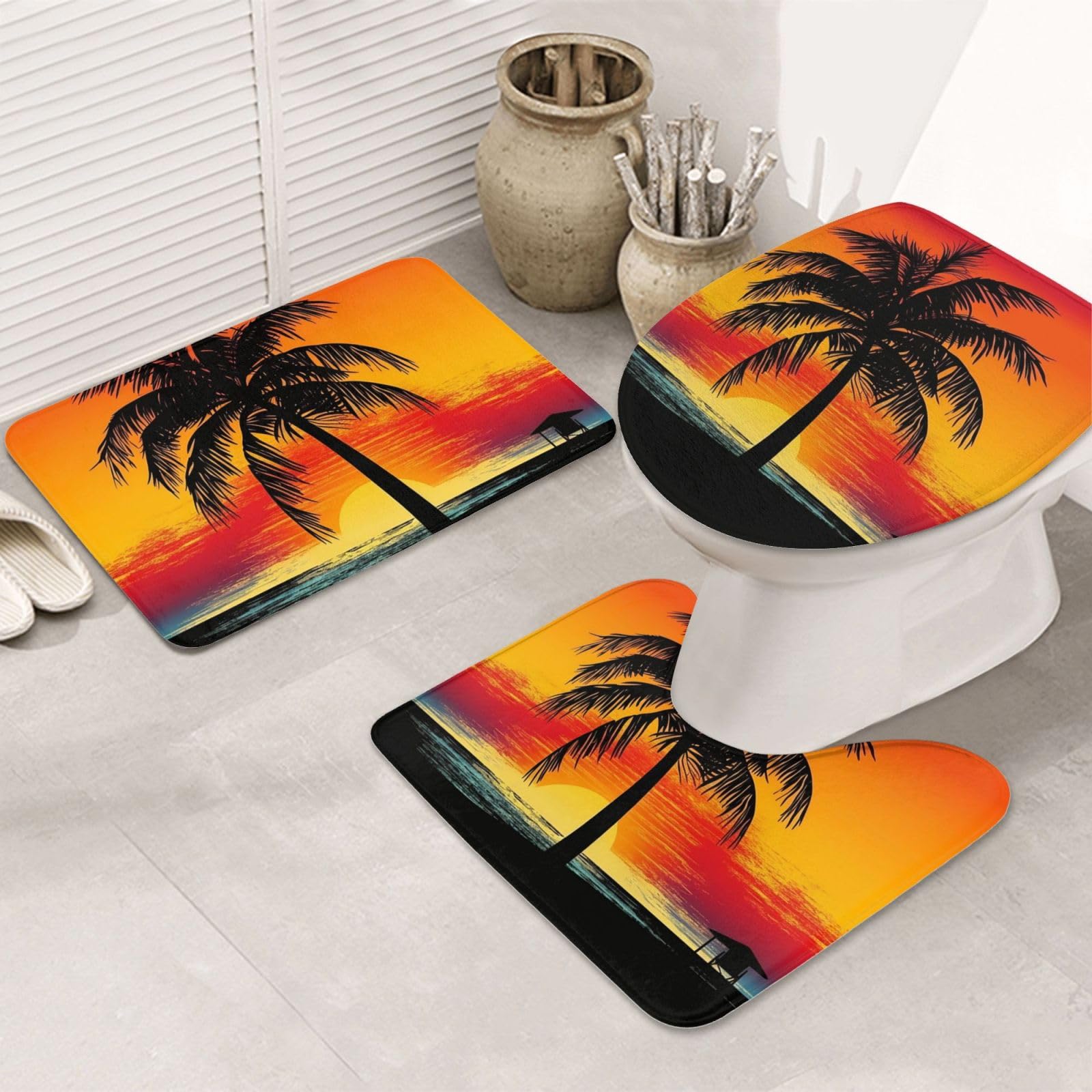 Dwrepo Sunset Palm Tree Print Bathroom Rug Set 3 Piece with Non-Slip U-Shaped Contour Mat and Toilet Lid Cover for Bathroom Decoration