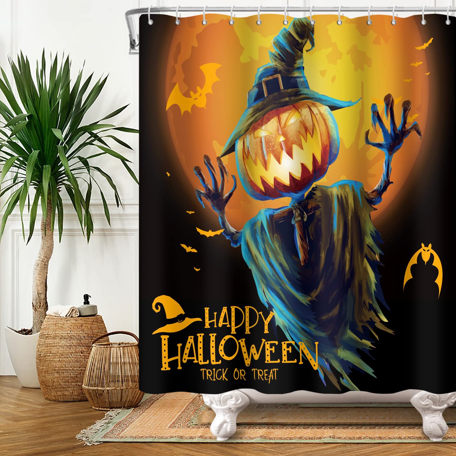 SDOTPMT 175x190cm Scary Scarecrow Shower Curtain Creepy Pumpkin Smile Bat Full Moon Horror Theme Bath Curtain Halloween Bathtub Curtain for Man Bathroom Fabric Polyester Waterproof with Hooks
