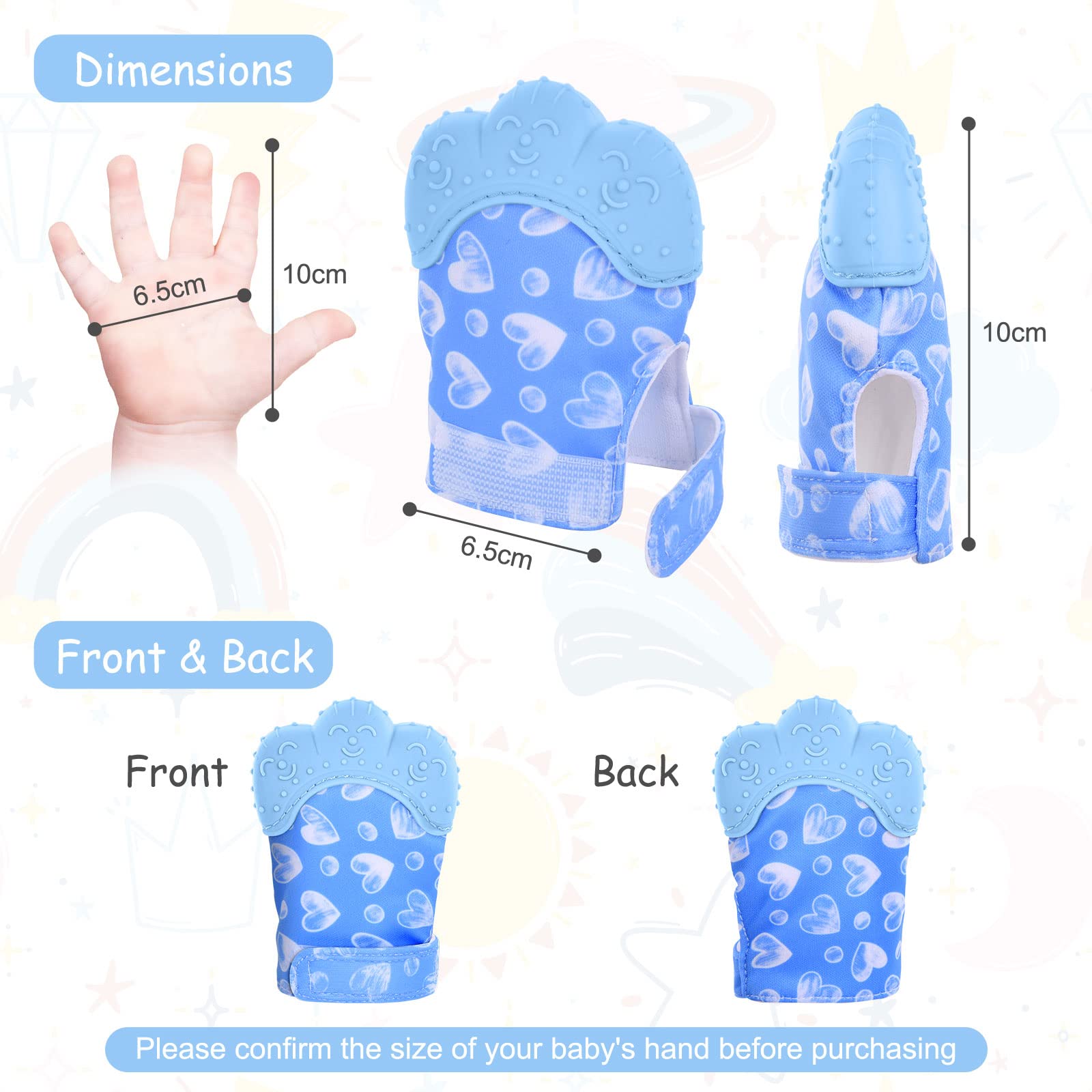 Vicloon Guanto da Dentizione per Bambini, 2 Pezzi Lenitivo Dentizione Mitten con Progetto Regolabile, Dentizione Neonati Giocattolo Guanti di Protezione con Massaggiagengive in Silicone, Cuore Blu