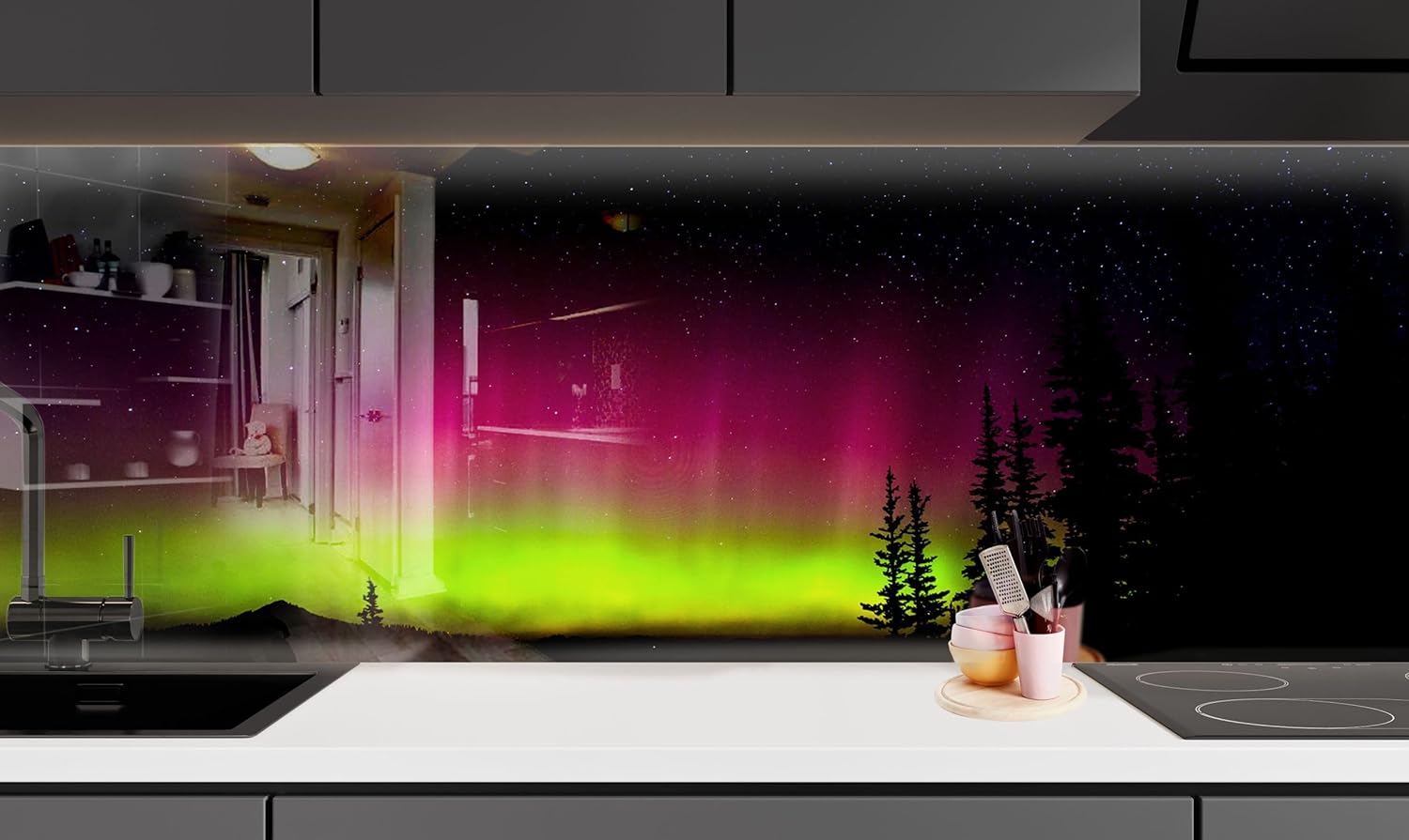 Myphotostation.com 12x12'' Tempered Glass Backsplash Tile Kitchen Backsplash Tiles-Cooker Panel Waterproof-Aurora Borealis Kitchen Wall Decor Kitchen Glass Splashback