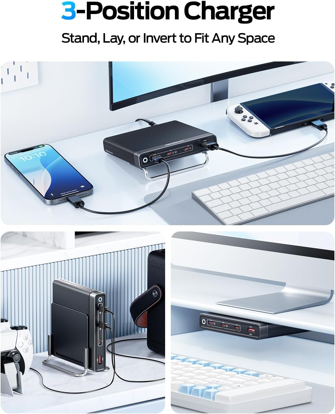 MOVESPEED 165W 4 Port Slim GaN Charging Station, 140W Single Port USB-C Fast Charger with Detachable 5ft Cable & 2 Stands for Laptops, Phones, Tablets (for MacBook/Dell/HP/Samsung etc)