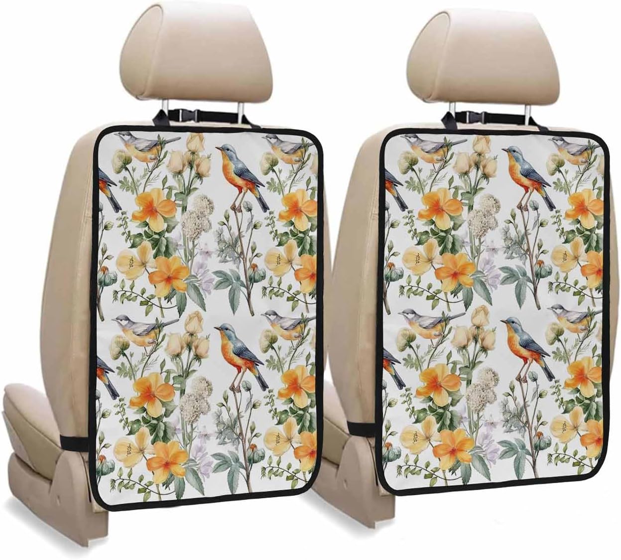 Car Seat Protector, 2 Pack Kick Mats with Organizer - 3 Pocket Storage, Spring Watercolor Vintage Yellow Flowers and Birds Back Seat Cover for Kids Universal Fit Automotive Interior Protectors