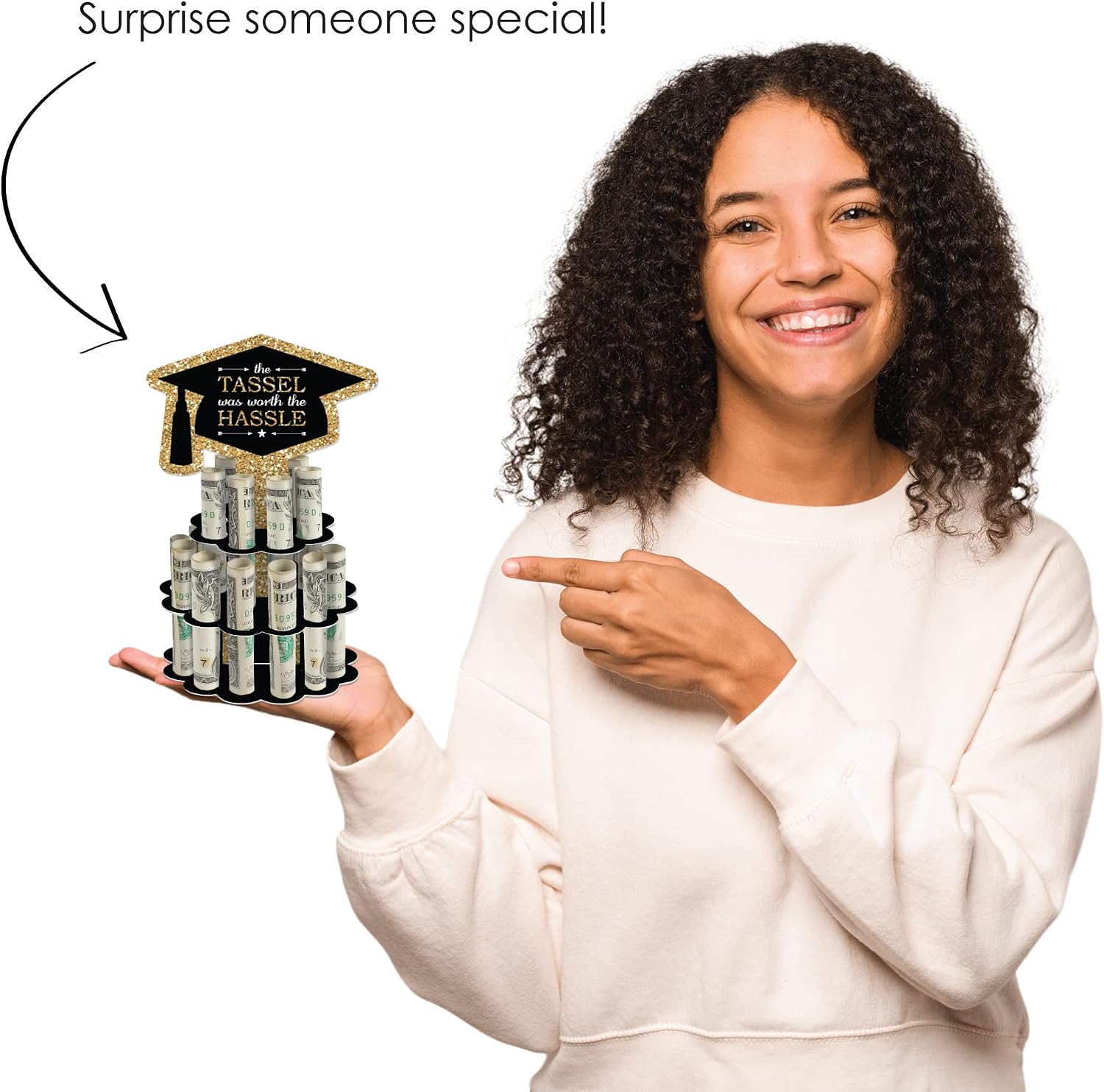 Big Dot of Happiness Graduation Money Gift Holder - DIY Celebration Cash Cake Stand with 20 Bill Slots, Decorative 2-Tier Cap Design, Party Display Centerpiece - Tassel Worth The Hassle