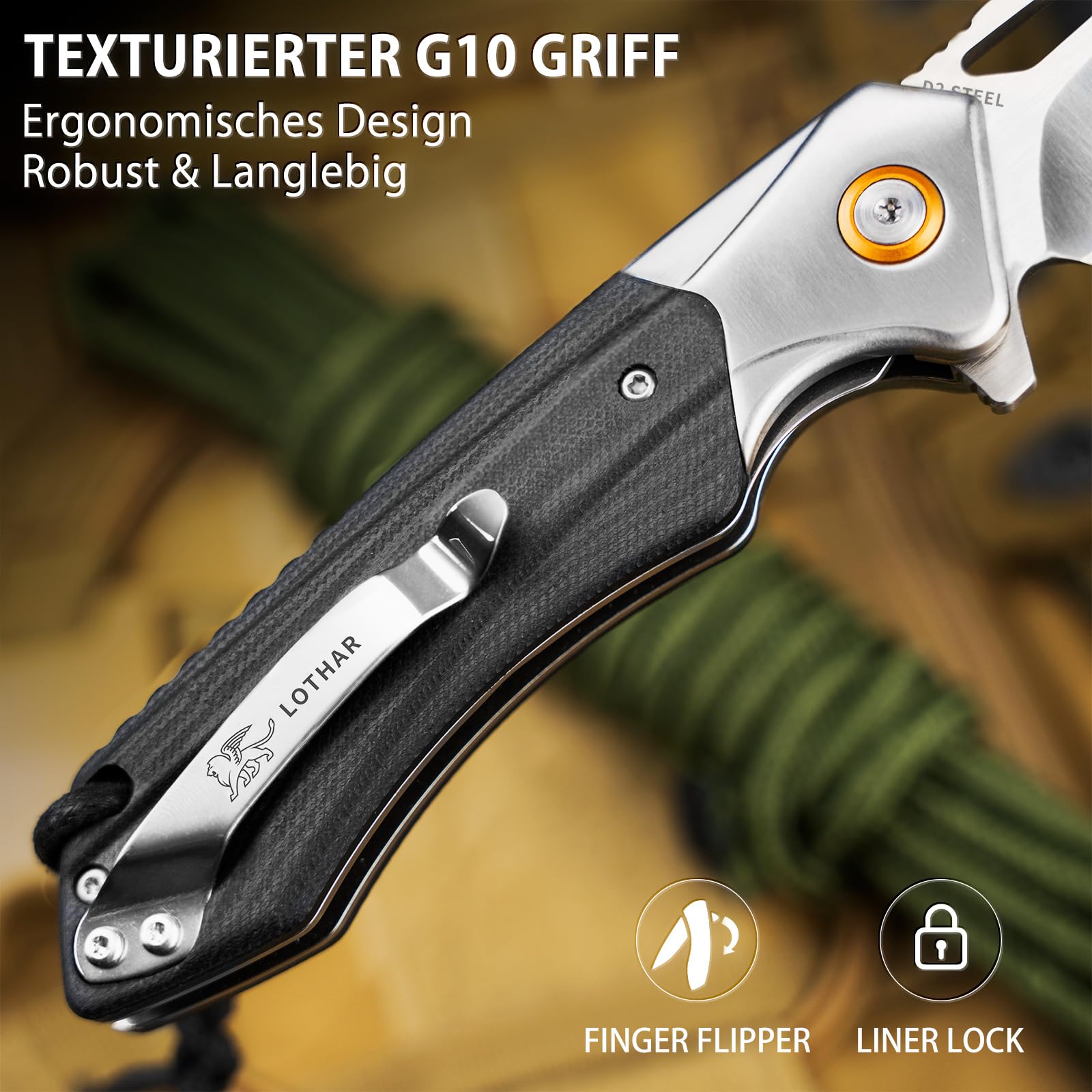 LOTHAR LICH KING Navaja Plegable, Cuchillo de Bolsillo de Acero D2 con Mango G10, Navaja de Supervivencia con Sistema Liner Lock y Clip de Cinturón (Plata)