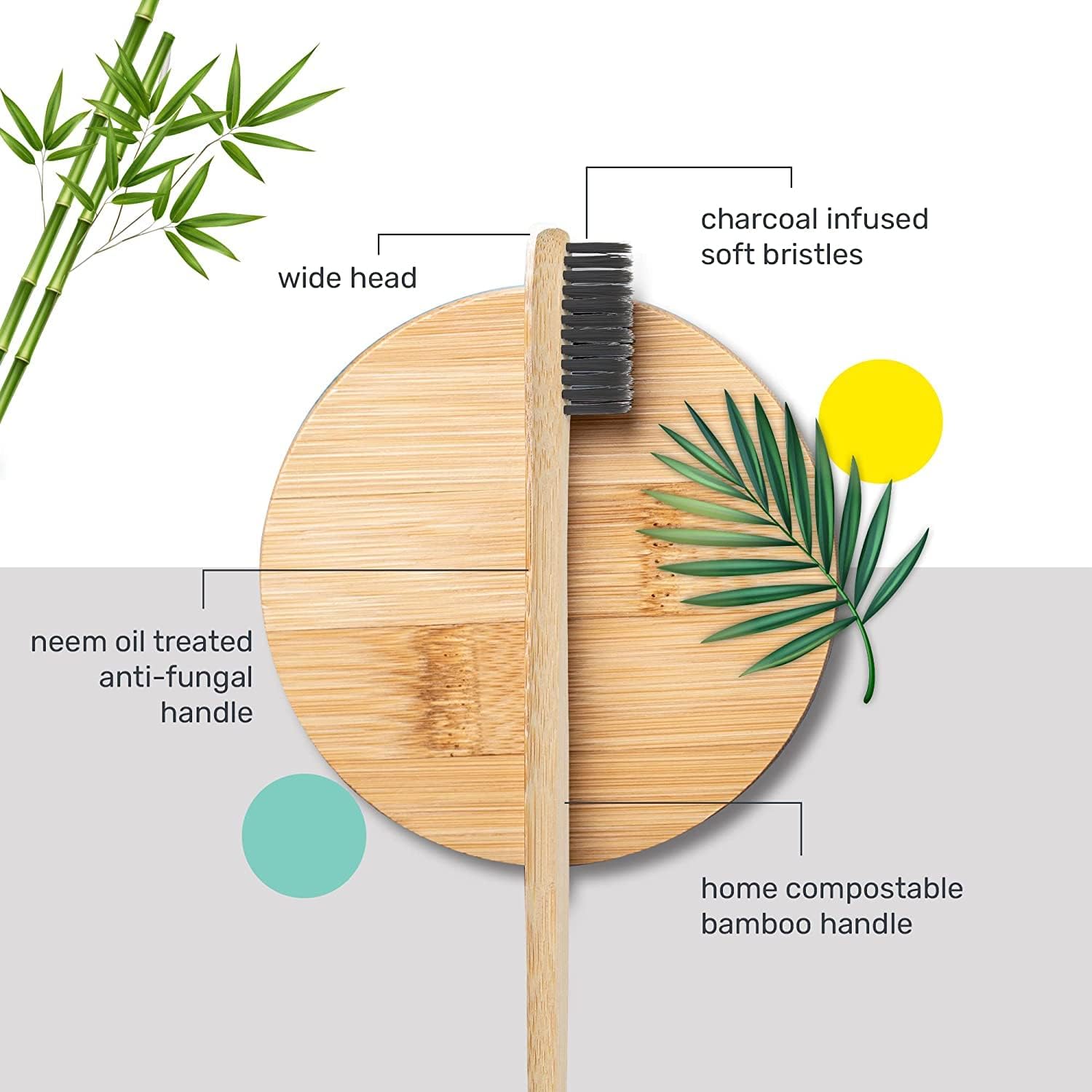 Bamboo Toothbrush with Charcoal Activated Soft Bristles - Pack of 3 | Treated with Neem Oil, BPA Free, Biodegradable and Compostable Handle
