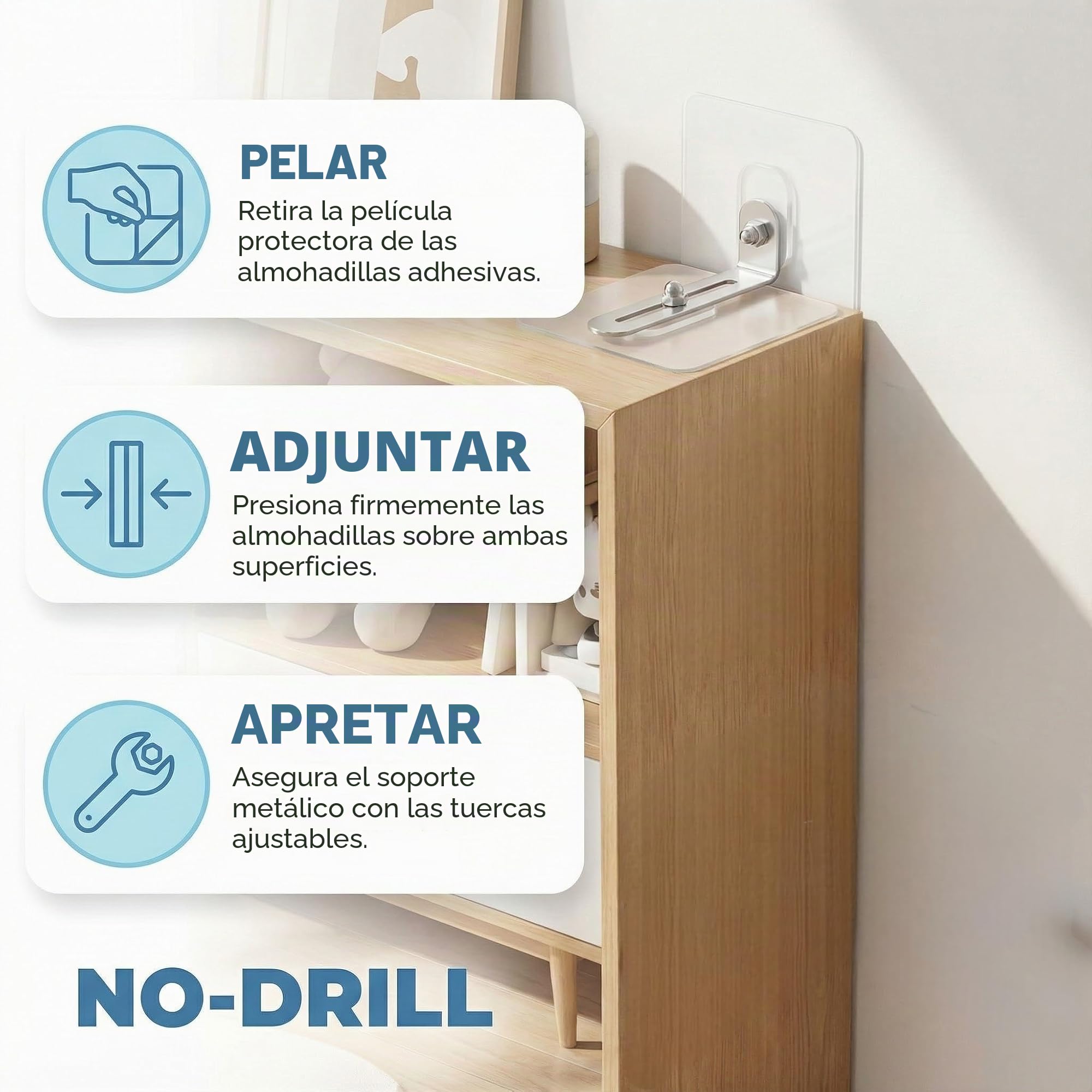 Anclajes Adhesivos de Pared para Muebles, 4 Piezas Antivuelco Muebles Sin Taladro, Correas de Pared para Protección Infantil y Mascotas, Fijación para Mueble, Armarios y Estanterías