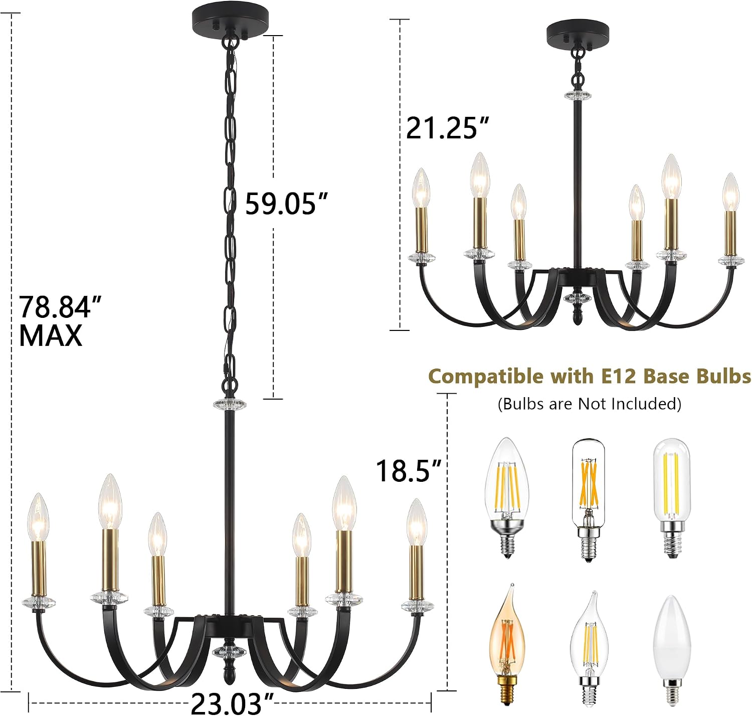 24'' Large Black and Gold Chandelier, 6-Light Modern Farmhouse Chandeliers Dining Room Light Fixture Crystal Candle Hanging Lighting Fixtures for Dining Room Kitchen Living Room
