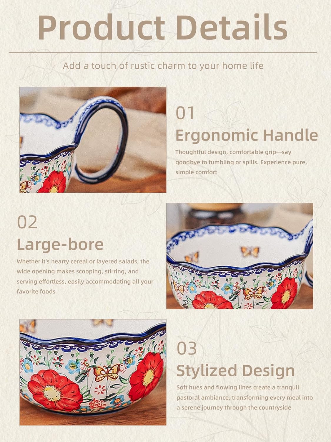 silesia Handmade Ceramic Soup Bowl, 30 oz Hand Painted Bowl with Loop Handle, Floral Design Cereal Bowl for Soup, Ice cream, Snack, Microwave & Dishwasher Safe (Flowers Red)
