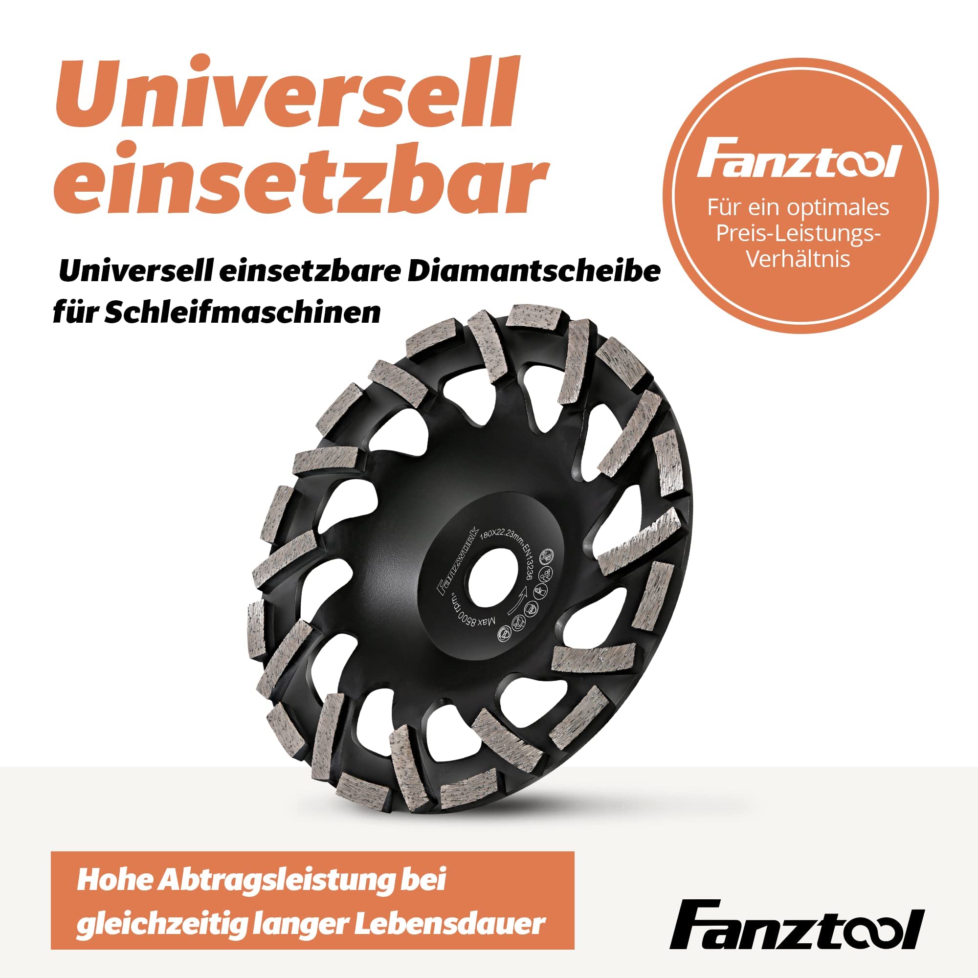 FANZTOOL Disco de diamante 180 x 22,2 mm, modelo H para hormigón, universal, con orificio grande para lijadora