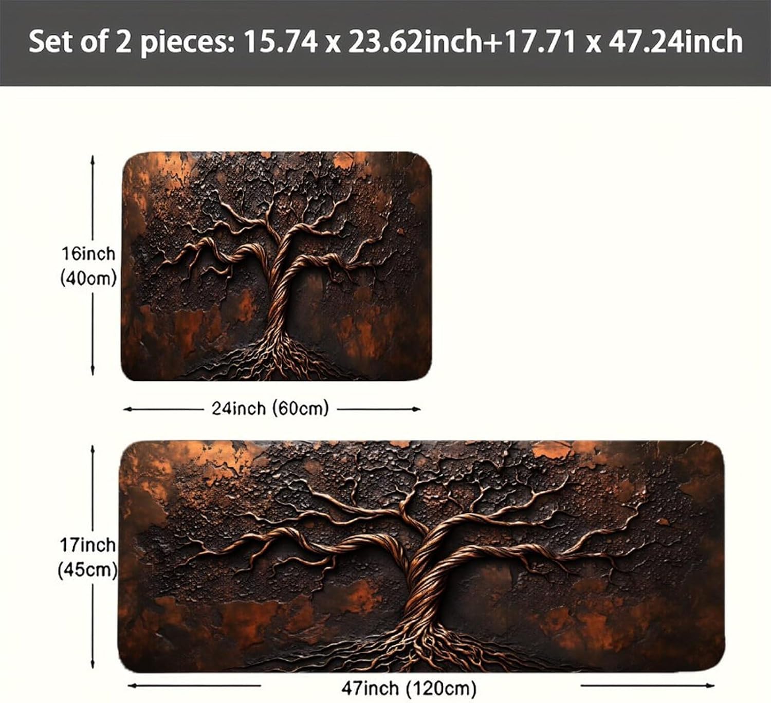 Tree of Life Anti Fatigue Kitchen Mats 2 Piece Set, 17x47 + 16x24 Inch Cushioned Non-Slip Waterproof Washable Floor & Standing Desk Mat for Kitchen, Laundry, Office