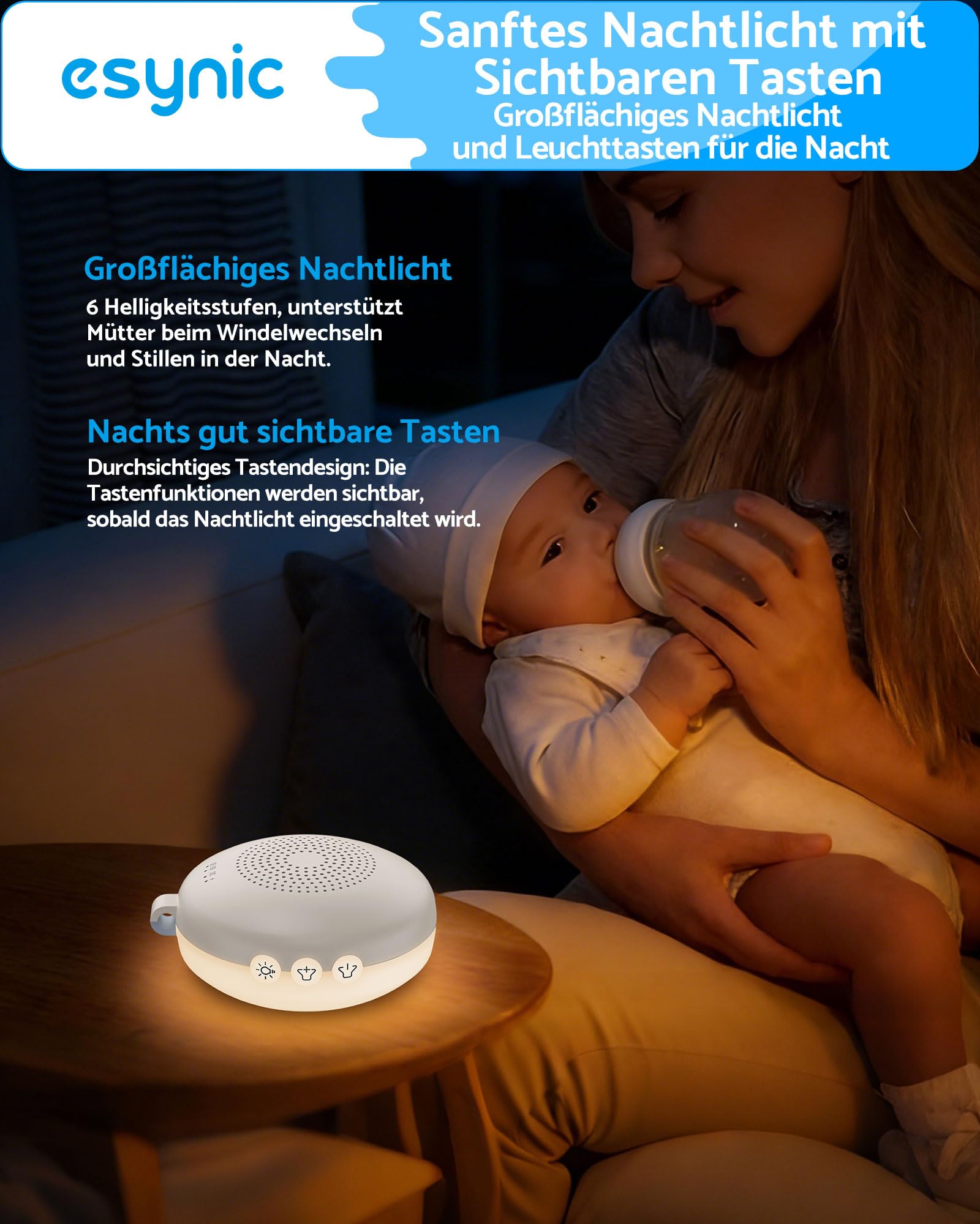 eSynic Weißes rauschen Baby Einschlafhilfe Baby & Erwachsene Tragbare White Noise Machine mit Nachtlicht Mini Sound Machine 12 Beruhigende Geräusche Timer & Akku für Schlafzimmer & Reise Hellbeige