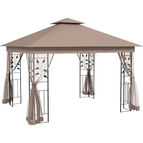 Outsunny 10' x 11.5' Metal Patio Gazebo, Double Roof Outdoor Gazebo Canopy Shelter with Tree Motifs Corner Frame and Netting, for Garden, Lawn, Backyard, and Deck, Brown