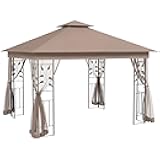 Outsunny 10' x 11.5' Metal Patio Gazebo, Double Roof Outdoor Gazebo Canopy Shelter with Tree Motifs Corner Frame and Netting, for Garden, Lawn, Backyard, and Deck, Brown