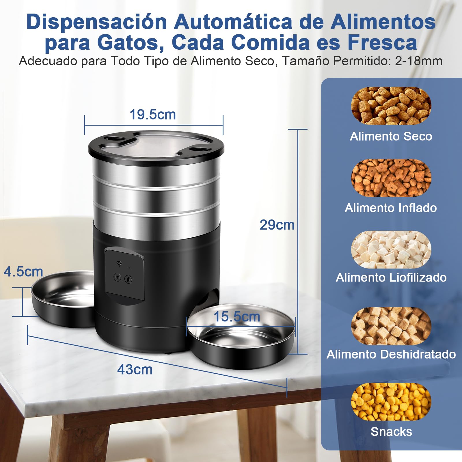 5L Comedero Gato Automatico 2 Tazones para Gatos Perros, 2.4G WiFi Acero Inoxidable Diseño Antiobstrucción Temporizador 24h 10 Comidas por Día 1-40 Porciones, Dispensador Automatico Perro Gato