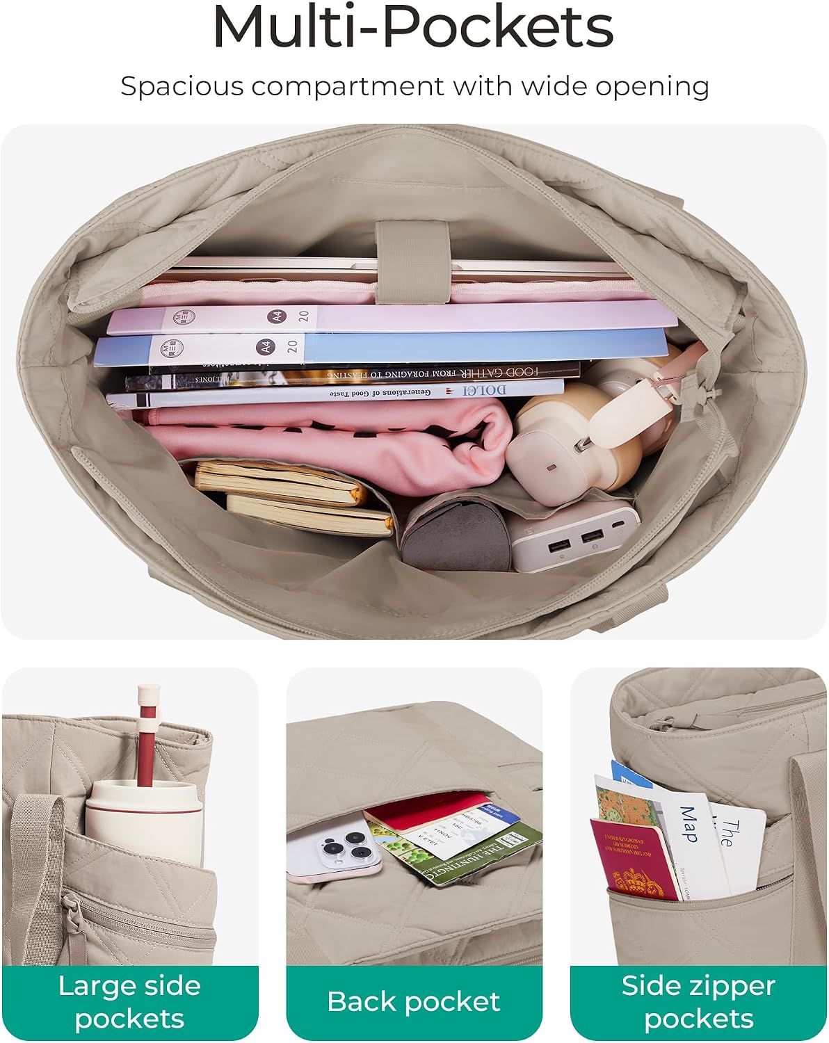 BAGSMART Crush Tote Bag for Women, 20L Puffer Work Tote with Zipper, Travel Essentials Quilted Nurse Hospital Bag