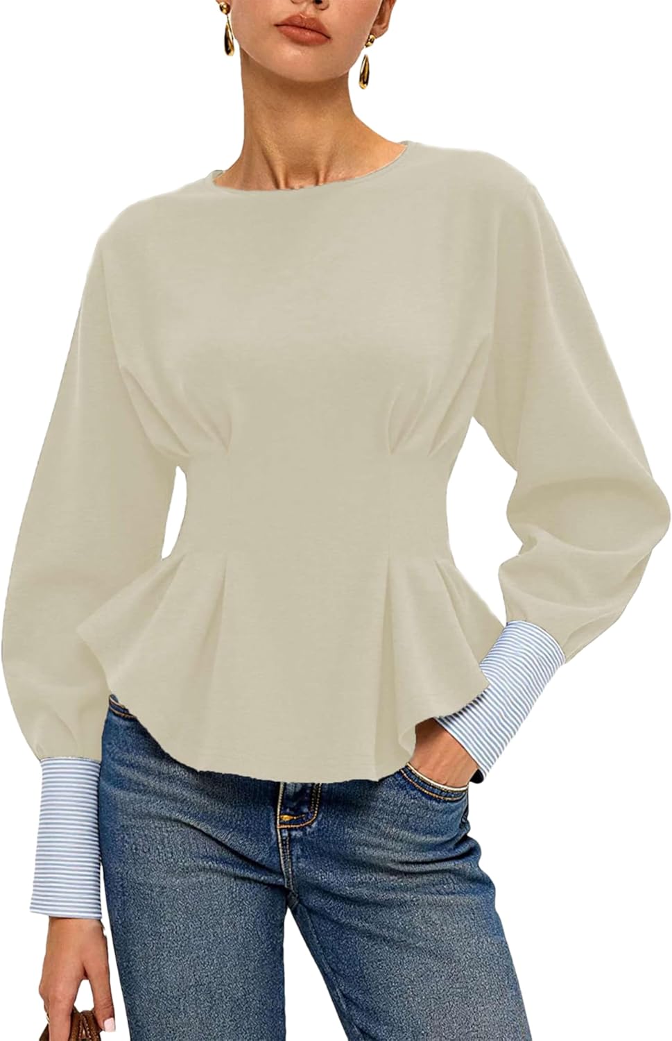 Bozanly Women's Cinch Waist Peplum Sweatshirt Crew Neck Balloon Sleeve Babydoll Pullover Tops