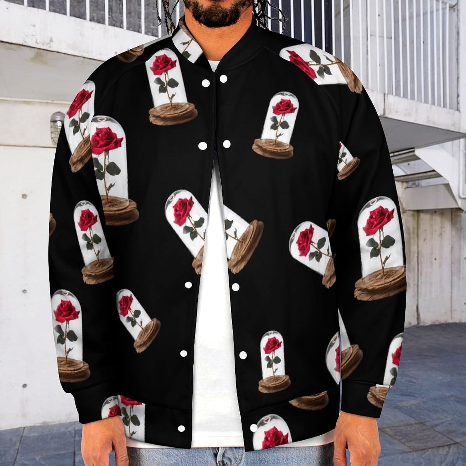Red Rose Glass Dome Novelty Men's Baseball Jackets Causal Sweatshirt Button Top Long Sleeve Coat