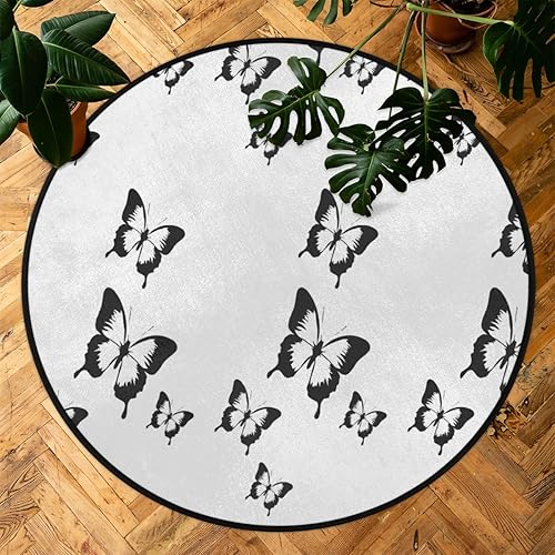 Miniatura 7 de Alfombra redonda de 3 pies con diseño de mariposa blanca y negra, lavable, antideslizante, alfombra circular para sala de estar, dormitorio,
