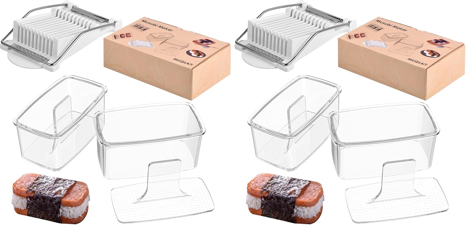 3-Piece Clear Musubi Maker Kit with Luncheon Meat Slicer - Non-Stick Onigiri Press Mold, BPA-Free Sushi Mold for Hawaiian Musubi
