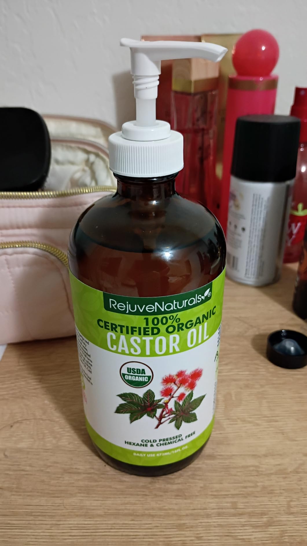 RejuveNaturals Castor Oil (16oz Glass Bottle) USDA Certified Organic, 100% Pure, Cold Pressed, Hexane Free. Boost Hair Growth for Thicker, Fuller Hair, Lashes & Eyebrows