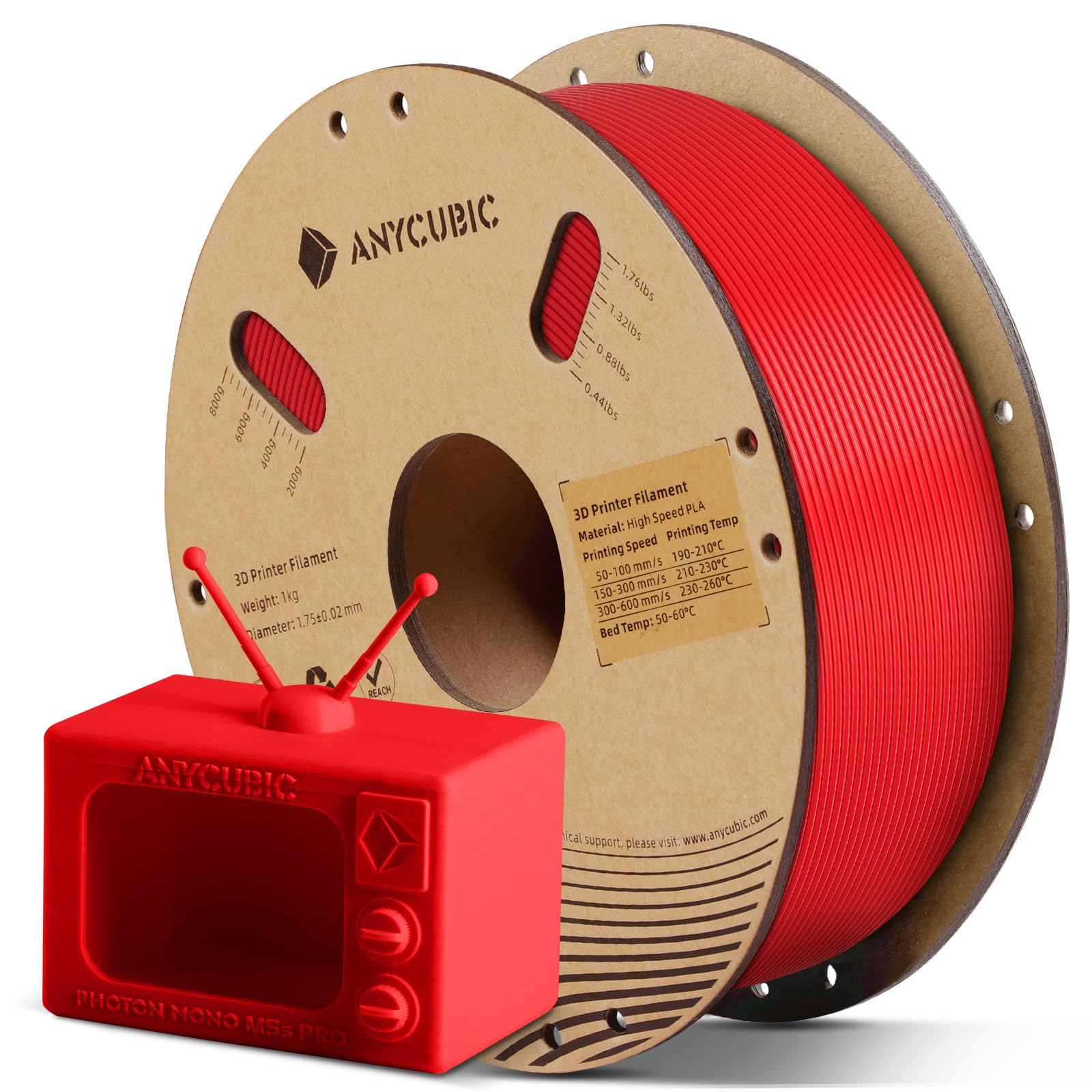 ANYCUBIC Filamento PLA 1,75mm, Filamento ad Alta Velocità per Stampante 3D, RFID per Stampa Intelligente, Filamento PLA Veloce, Precisione Dimensionale +/- 0,02mm,1KG Rosso Brillante