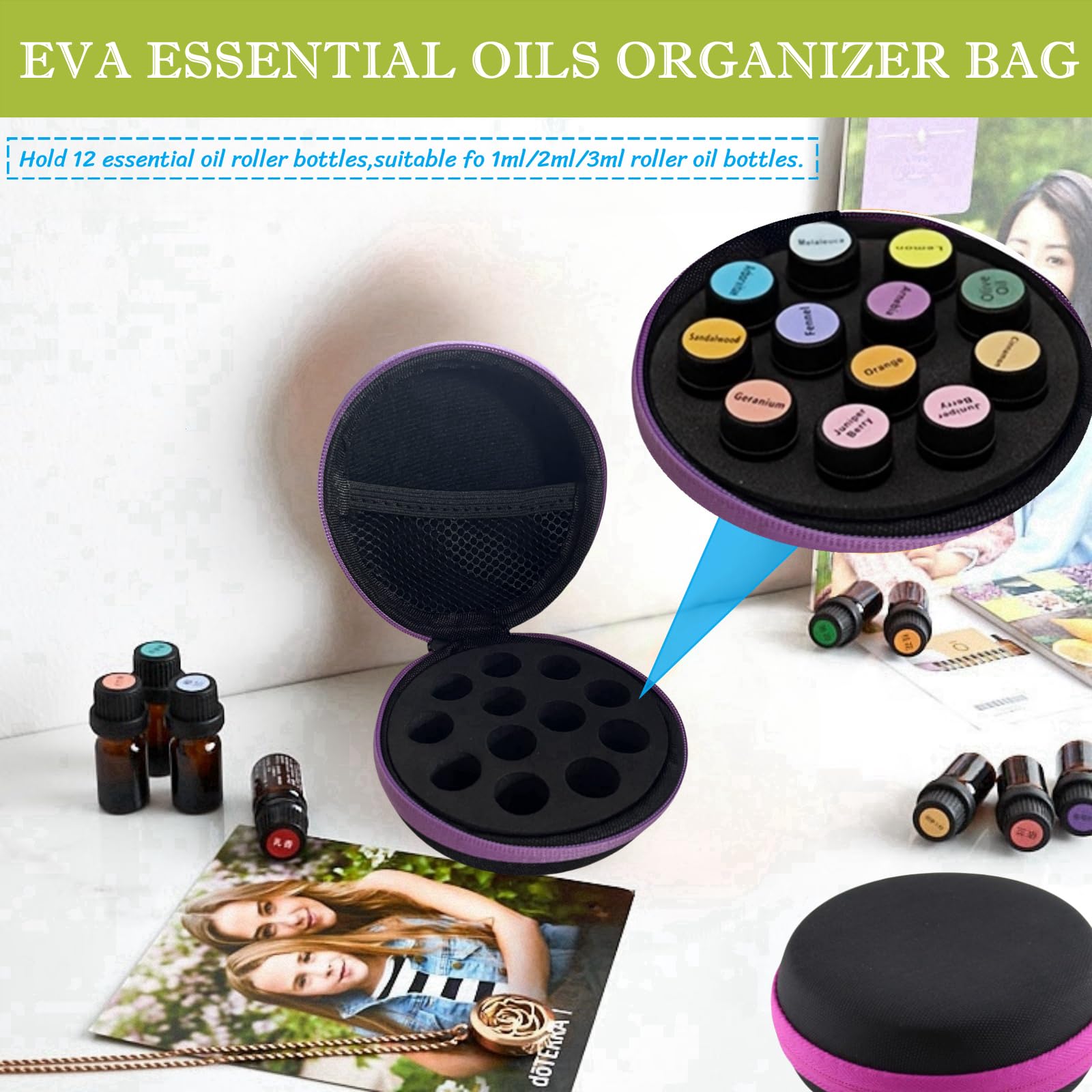 BLIRITEL EVA Essential Oils Organizer Bag,Hard Shell Essential Oil Storage Carrying Case for 12 Bottles,Round Essential Oils Boxes Storage Case for 1ml/2ml/3ml Roller Bottles (Rose Red)