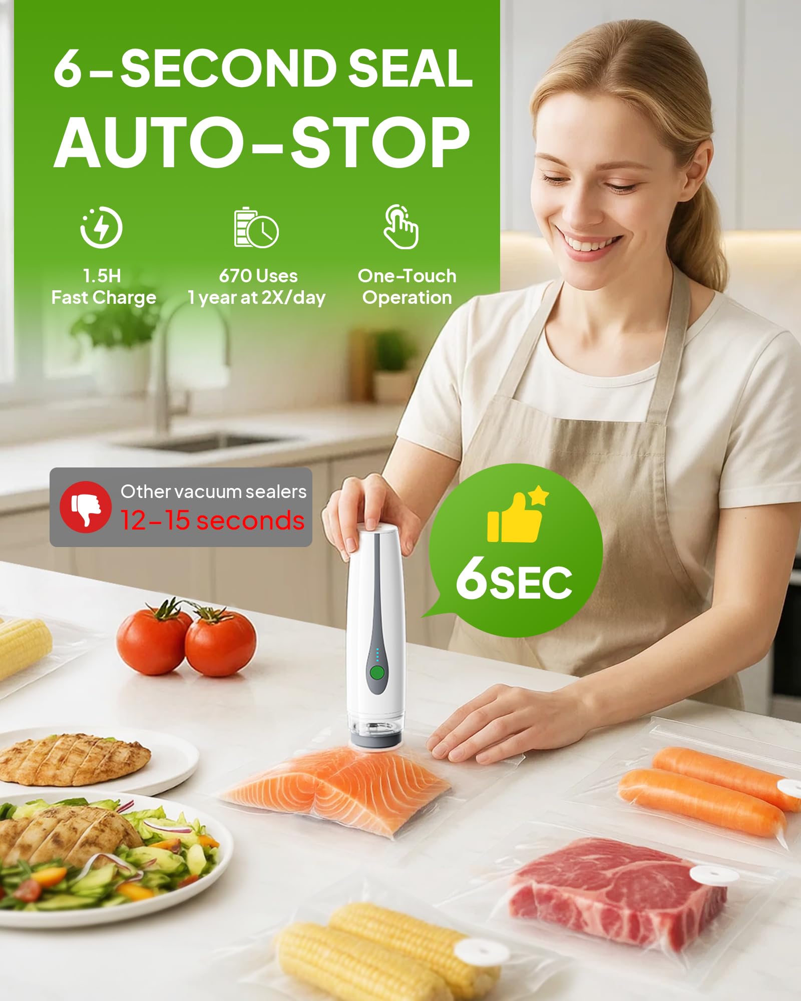 Machine d'emballage sous vide compacte pour nourriture, machine à emballer sous vide portable pour le stockage des aliments, scellant puissant, 30 sacs sous vide réutilisables, pour cuisine/voyage