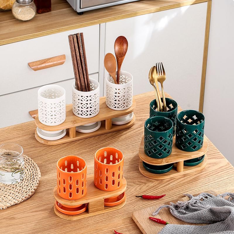 kitchen utensil holder 3 Pieces Ceramic Utensil Caddy with Bamboo Base, Creative Triangle Kitchen Silverware Caddy for Countertop, Cutlery Storage Organizer Drain Rack Cooking Utensil Holder(White-002