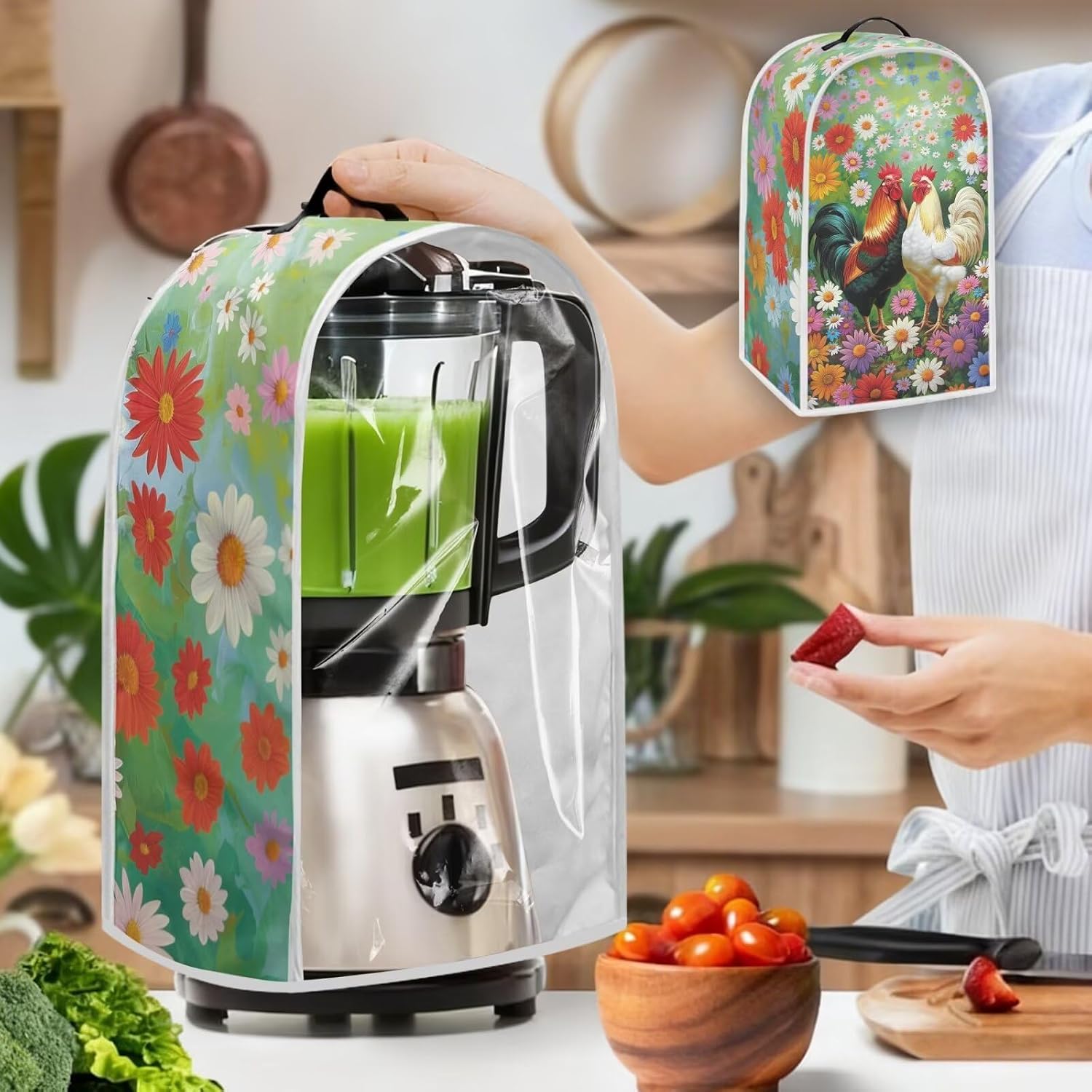 doginthehole Rustic Floral Rooster Clear Blender Cover for Kitchen Transparent PVC Stand Mixer Covers Cloth Dust Covers for Kitchen Small Appliances