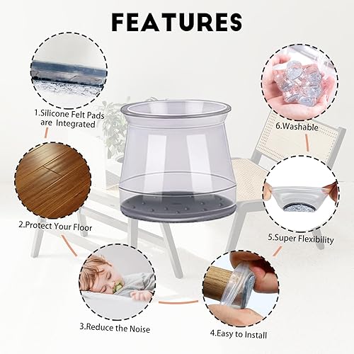 Miniatura 3 de Protectores de patas de silla de 1.4 a 2.4 pulgadas para suelos de madera dura, fundas redondas y cuadradas de silicona para patas de silla para