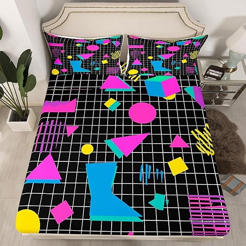 Miniatura 2 de Erosebridal Juego de sábanas de geometría de los años 80 y 90, estilo hipster, juego de sábanas de estilo moderno de los años ochenta, tamaño Queen,