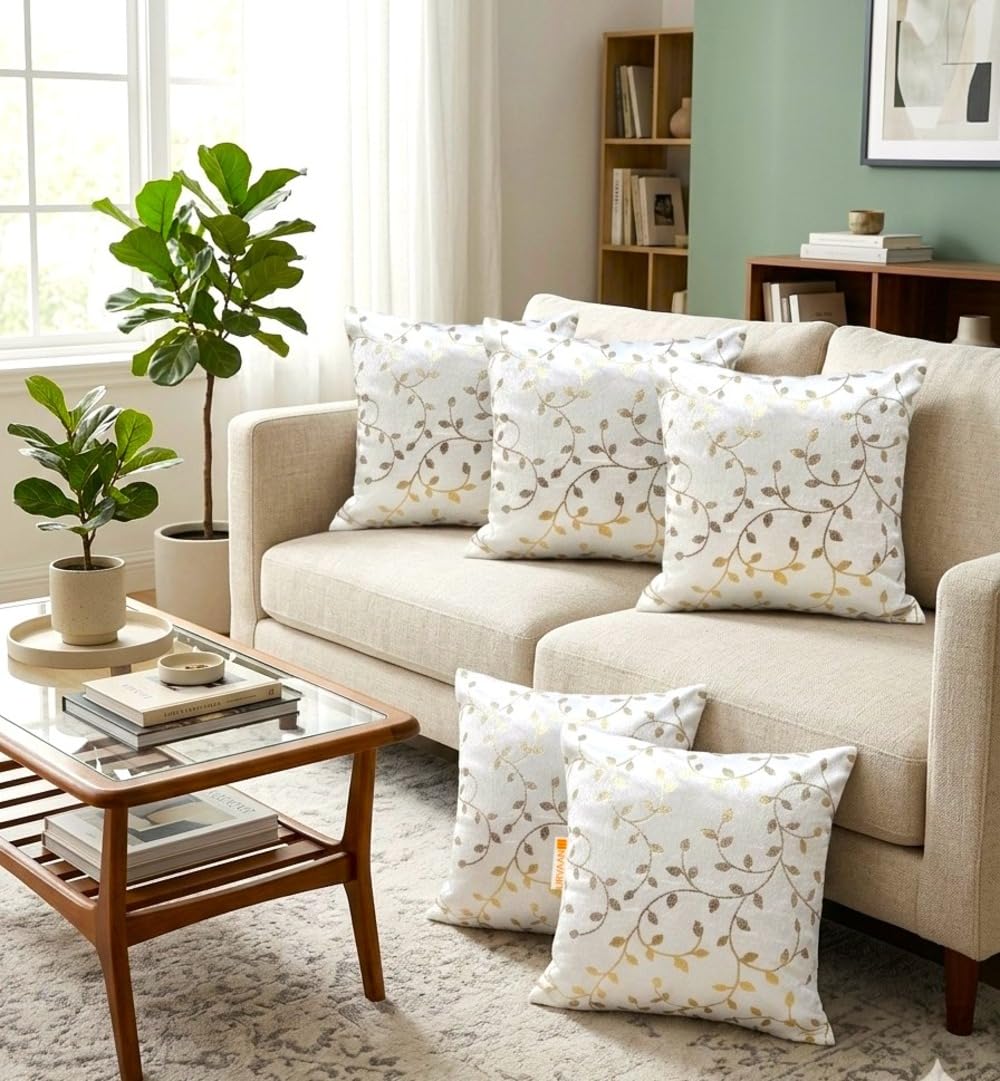 Urvaan Velvet Floral Cushion Covers, 18x18 Inch, Set of 5, White Golden-image-26