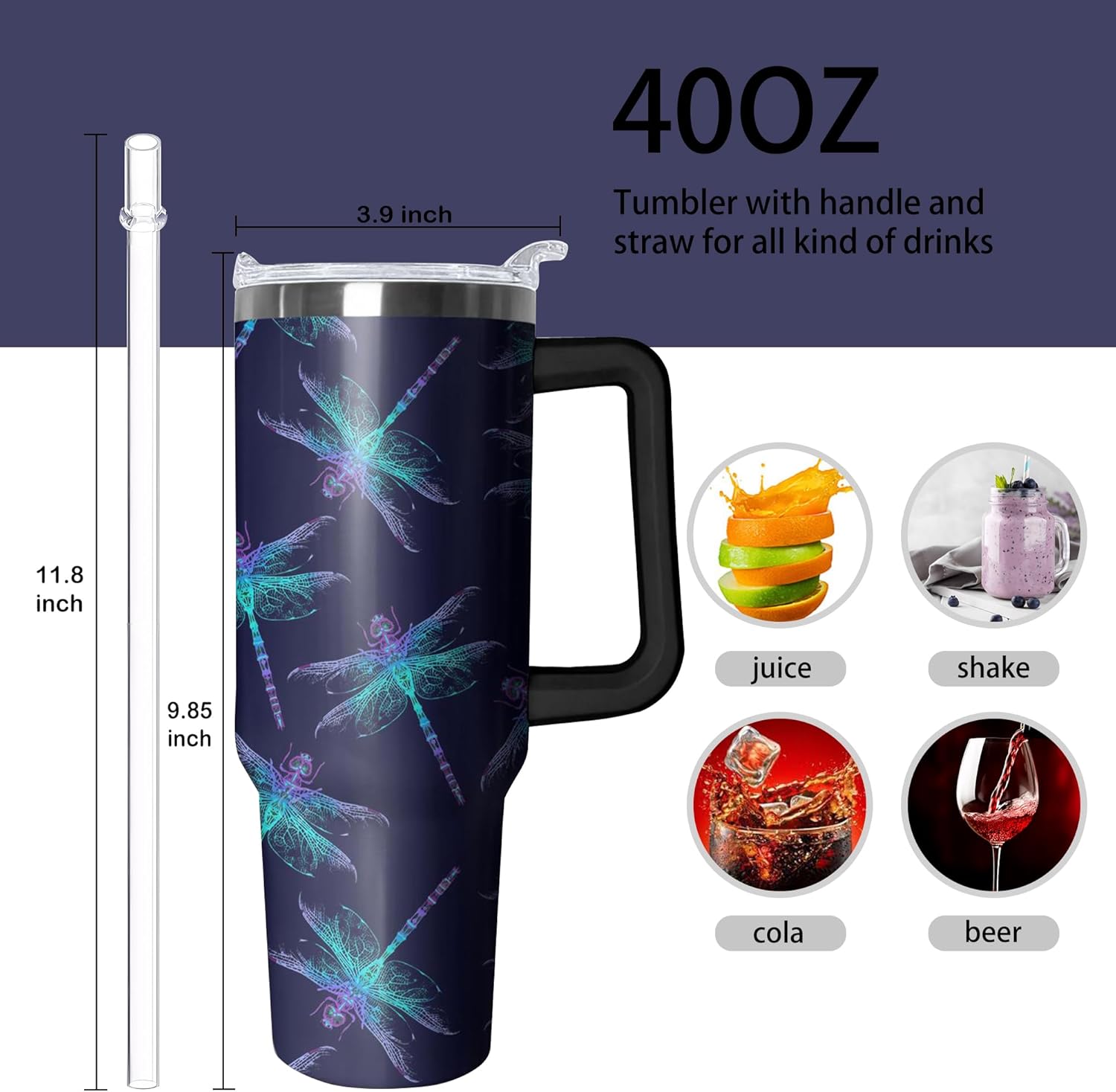 40oz Dragonfly Stainless Steel Tumbler with Handle and Straw, Insulated Cup Travel Coffee Mug Water Bottle with Lid and Straw, Animal Lovers Women Gifts - Image 2