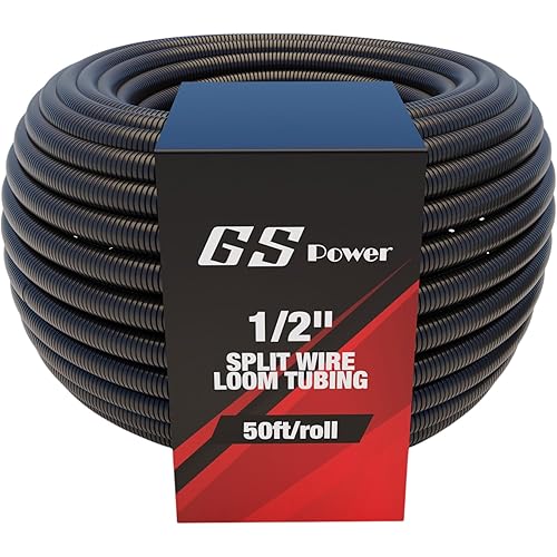 GS Power 1/2 Inch x 50ft Split Wire Loom Tubing, Split Cable Sleeve Cord Protector for Industrial Electrical Wires, Automotive Wire Cover Flexible, High Temperature Cable Conduit, Wrap