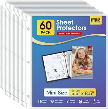 KTRIO Sheet Protectors 5.5 x 8.5 for Mini Binder 60 Pack, Heavyweight | Clear Half Letter Page Protectors, Heavy-Duty Acid-Free Paper Sleeves, 3-Hole Punched, Top Loading for Office, School, Home