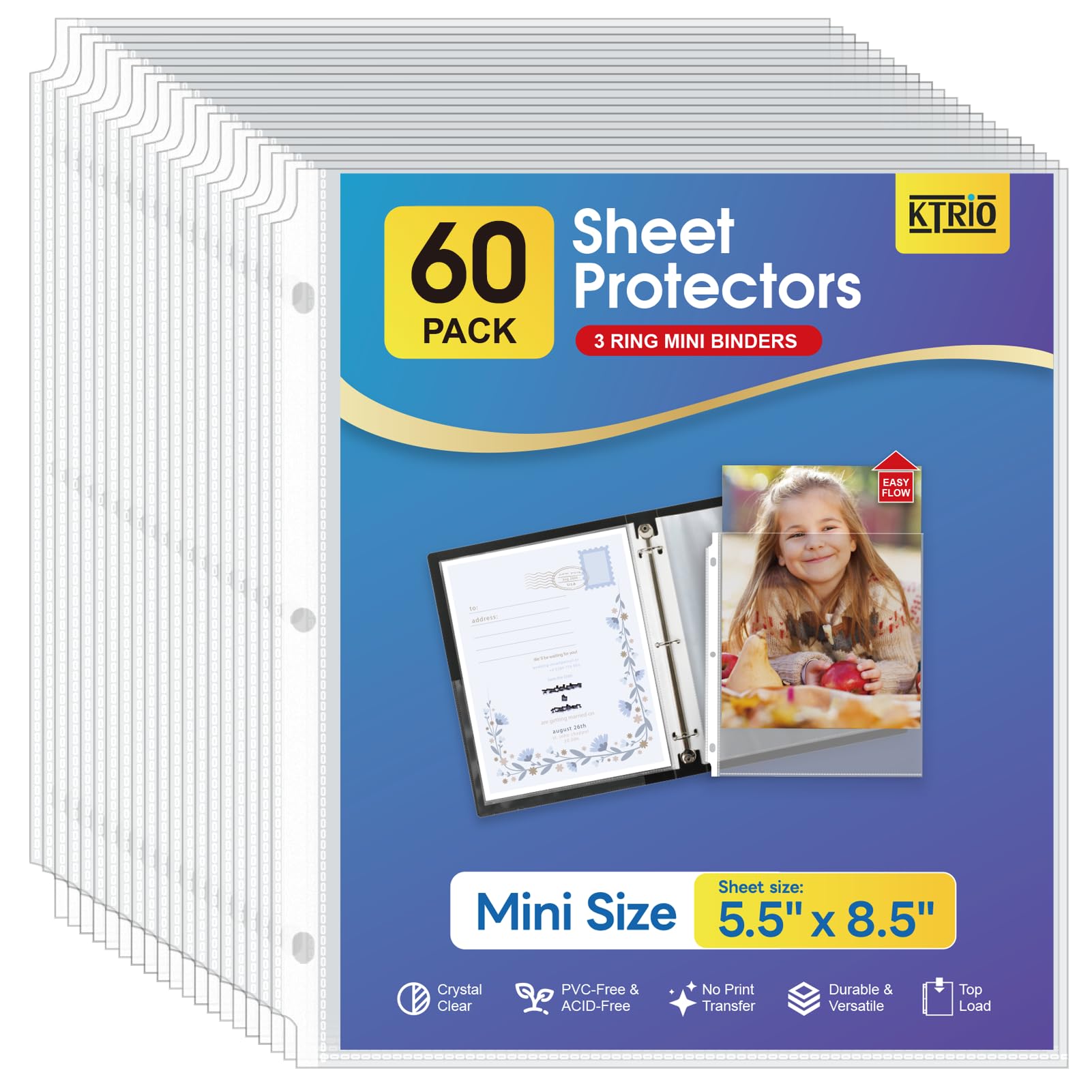 KTRIO Heavyweight Sheet Protectors 5.5 x 8.5 inch, Clear Page Protector for Mini 3 Ring Binder, Plastic Sleeves for Binders, Top Loading Paper Sheets Sleeve Letter Size, Office & Home, 60 Pack