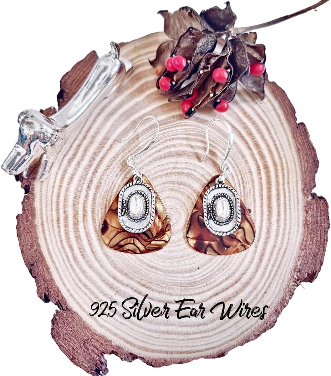 Cowboy Hat on Nacreous Brown/Tiger Eye Guitar Picks Earrings | 925 Silver Ear Wires | For Country music lovers, Cowboy style - Image 3