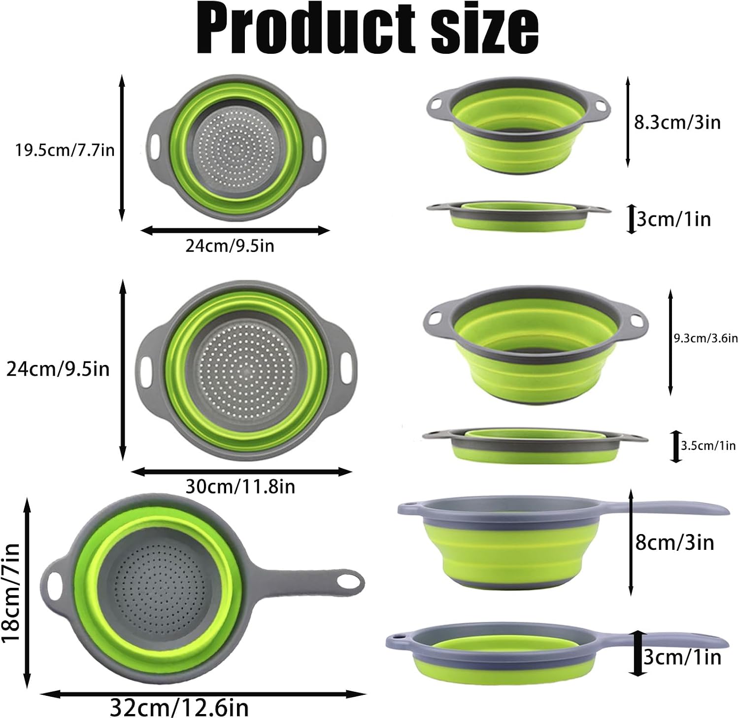 Three-Piece Collapsible Strainer - Made of Silicone with a Plastic Handle, Used for Draining Pasta, Vegetables, and Fruits - Space-Saving Kitchen Straining Basket (green)