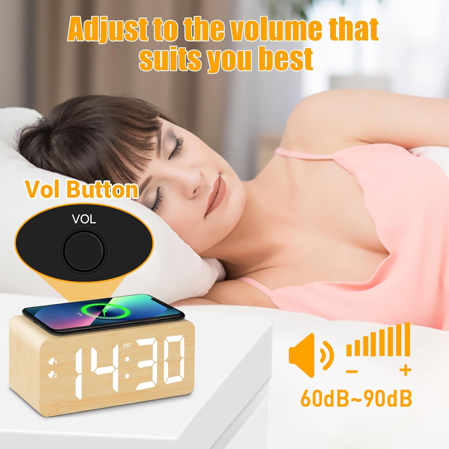 Wood Digital Alarm Clock with 10W Fast Wireless Charger, USB Charging Ports, DST, Dimmable, Snooze, Large Number LED Display for Bedrooms, Desk, Living Room Table, Bedside, Nightstand (Bamboo)