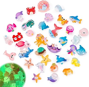 50Pcs Mini Resin Animals, Luminous Tiny Ocean Animals, Cute Miniature Glass Figurines for Aquarium Fish Tank Potted Micro Fairy Garden Dollhouse Decorations Aquarium D cor