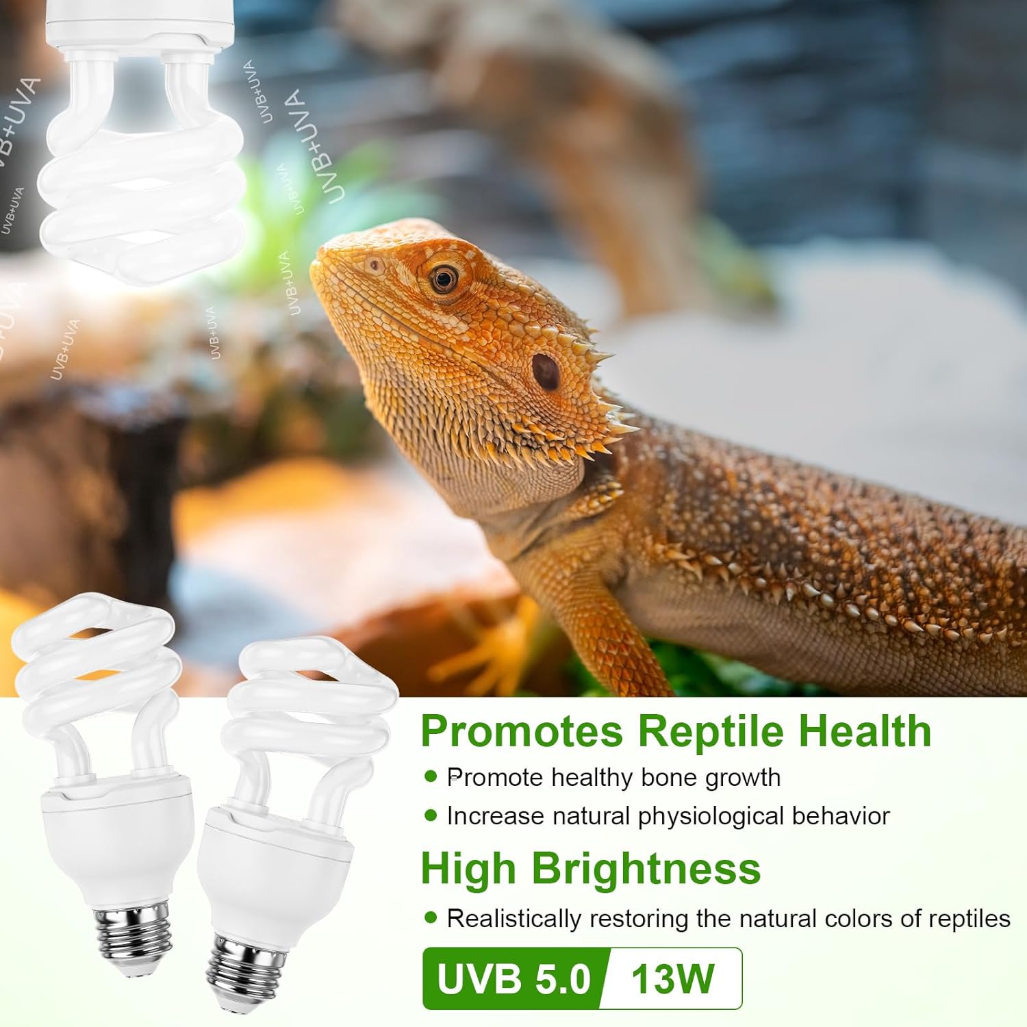 Reginary 4 Pcs UVB Reptile Light 5.0 13 W UVB Bulb for Desert Tropical & Sub-Tropical Reptiles Compact Fluorescent Lamp, Ideal for Chameleons, Lizards, Tortoises, Snakes, Iguanas & Turtles