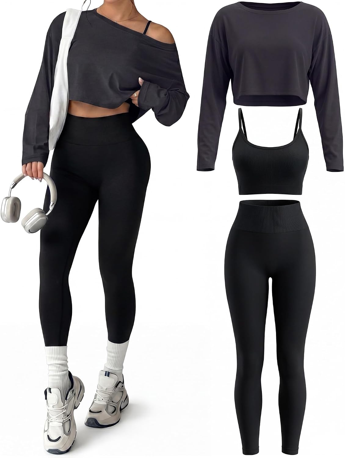 Cutecrop Women 3 Piece Seamless Workout Set High Waisted Leggings Athletic Bra Crew Neck Top Loose Yoga Gym Lounge Outfit