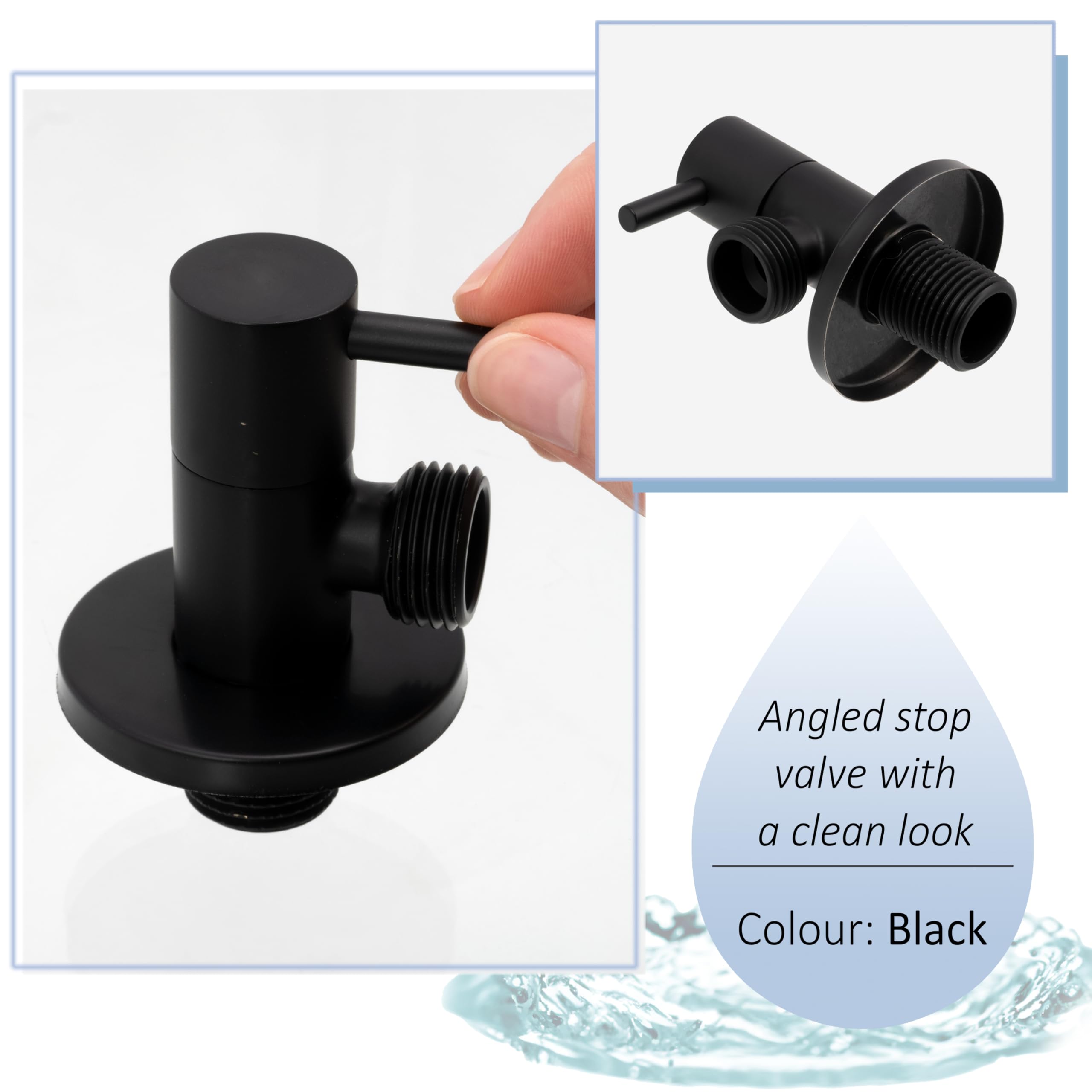 AERZETIX - Válvula de Parada en Ángulo 1/2"x1/2" con Roseta y Junta PTFE - Latón con Acabado Ennegrecido - Grifo de Agua Potable Sanitario para Lavabo Baño Cocina