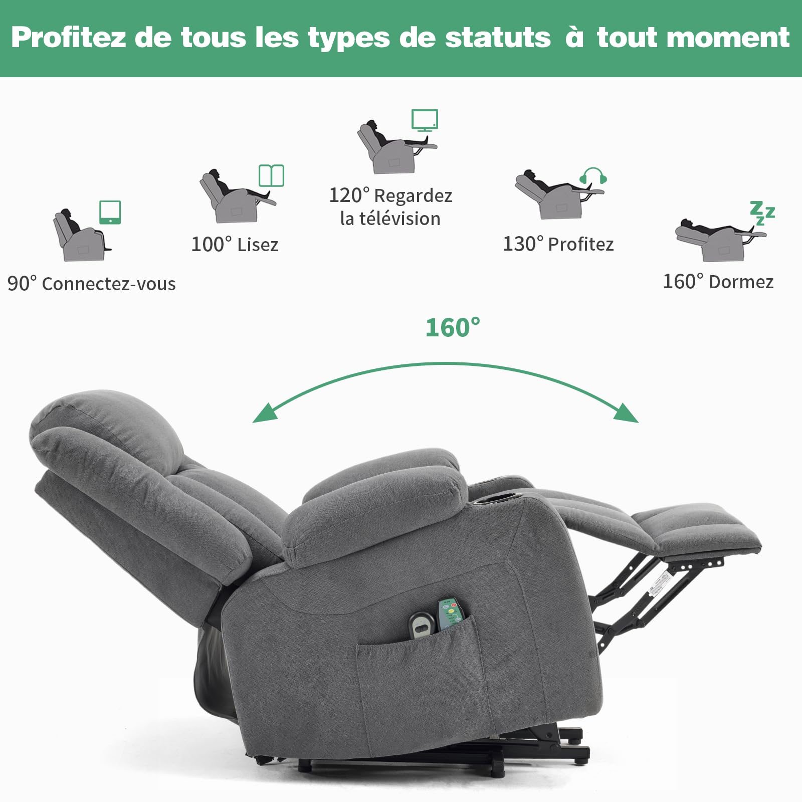 LEADZM Fauteuil Releveur Électrique Relax avec Fonction Massage et Chaleur, Inclinaison Réglable et Repose-Pieds, Télécommande Incluse Dunkelgrau